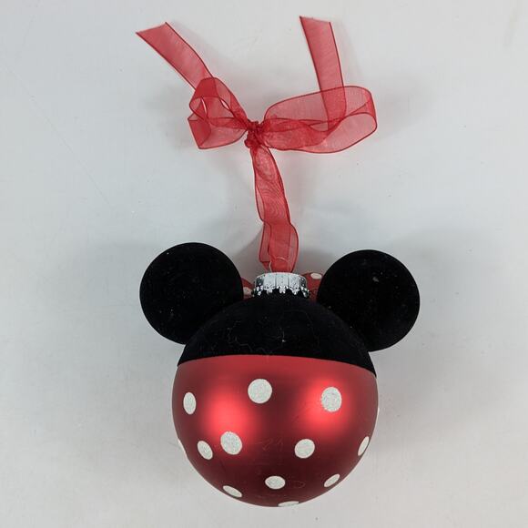 Disney Minnie Mouse Polka‑Dot Bow Glass Ornament 4″ Tall Red Black Velour Ears - Picture 2 of 7